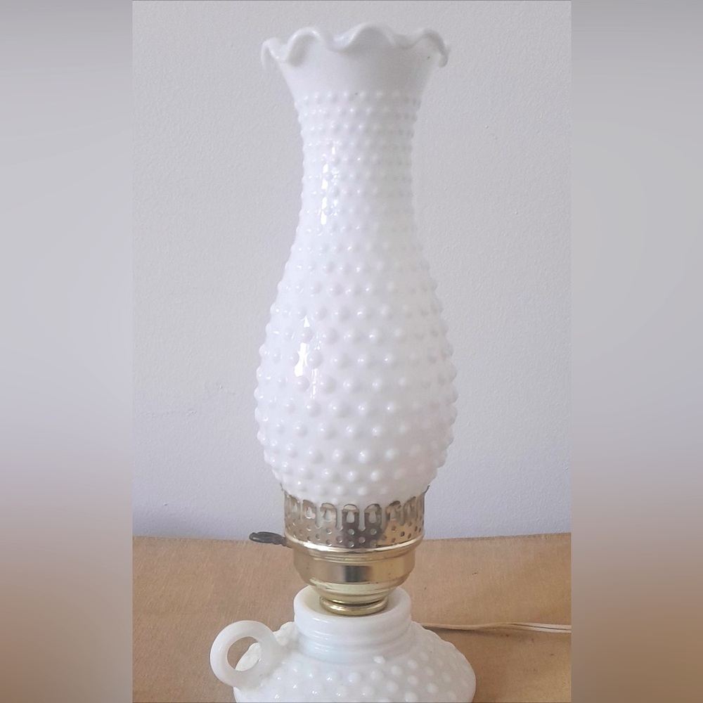 Vintage Cottagecore Hobnail White Milk Glass Hurricane Boudoir Table Lamp